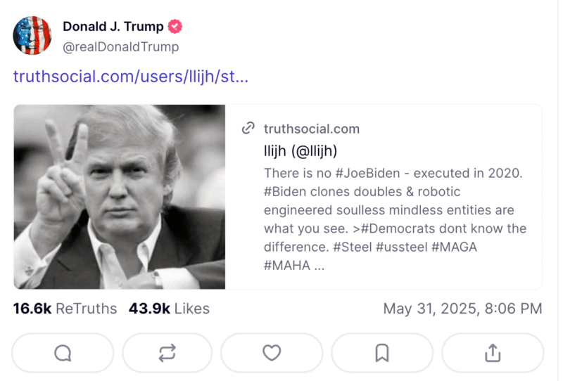 Donald Trump comparte teoría de conspiración sobre Joe Biden